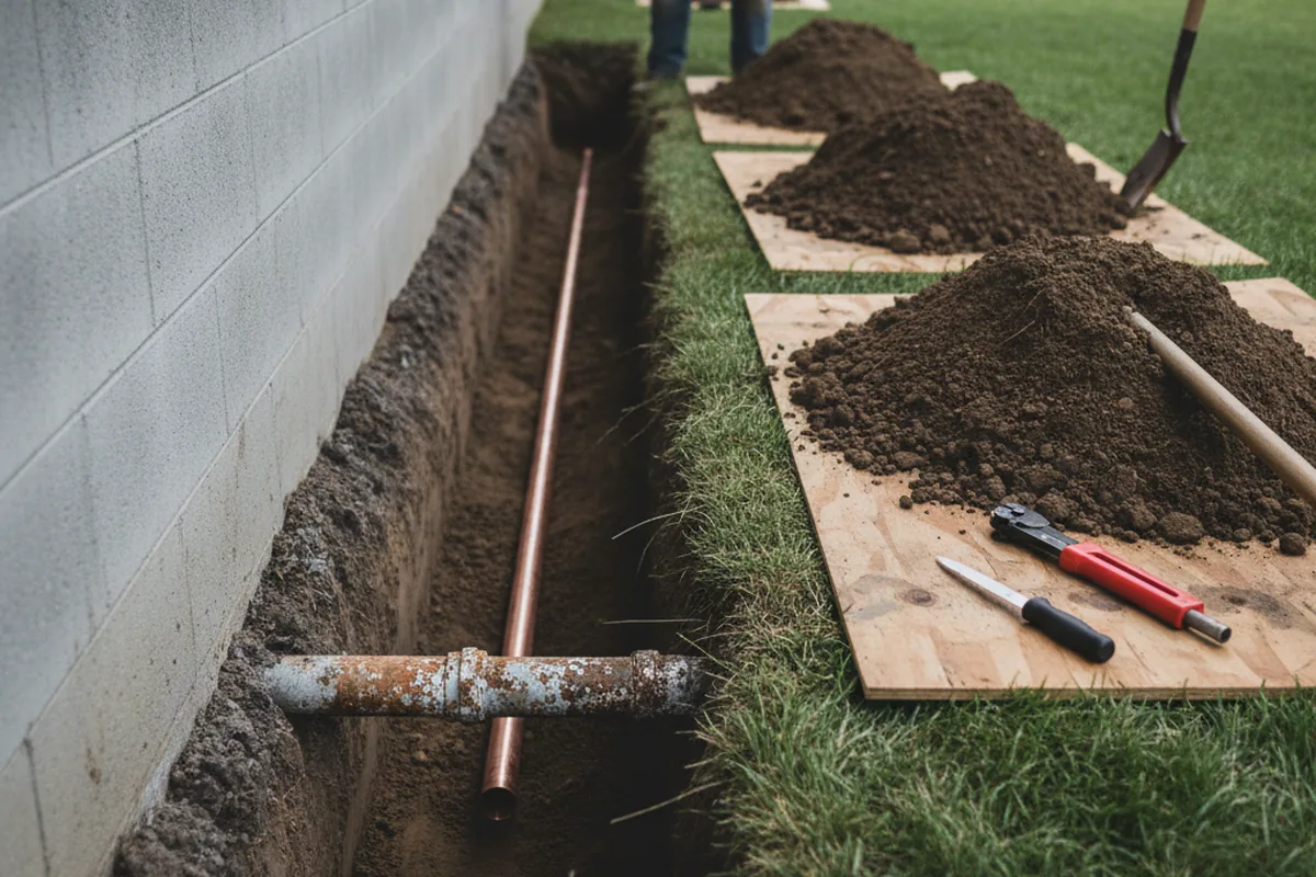 Excavated water line trench during Water Heater Repair in Needville